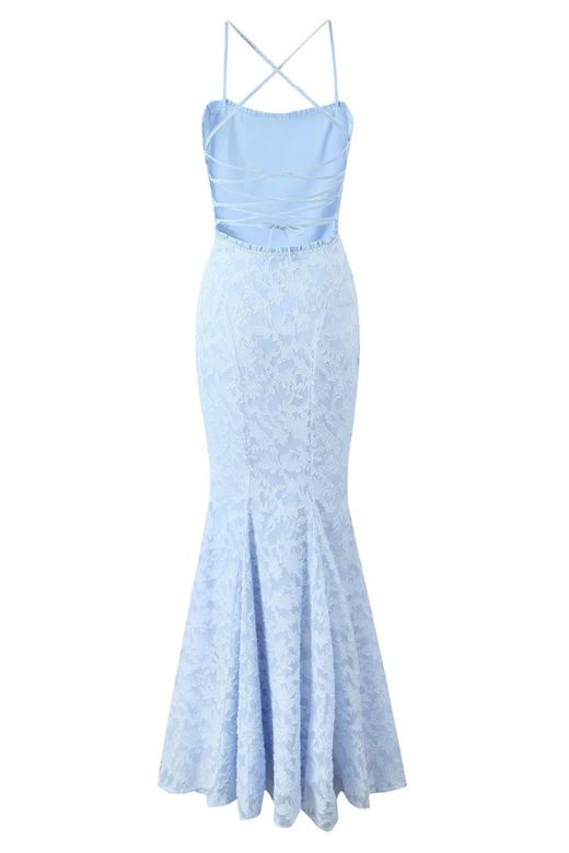 Woman wearing a figure flattering Kora Bodycon Maxi Dress - Baby Blue BODYCON COLLECTION