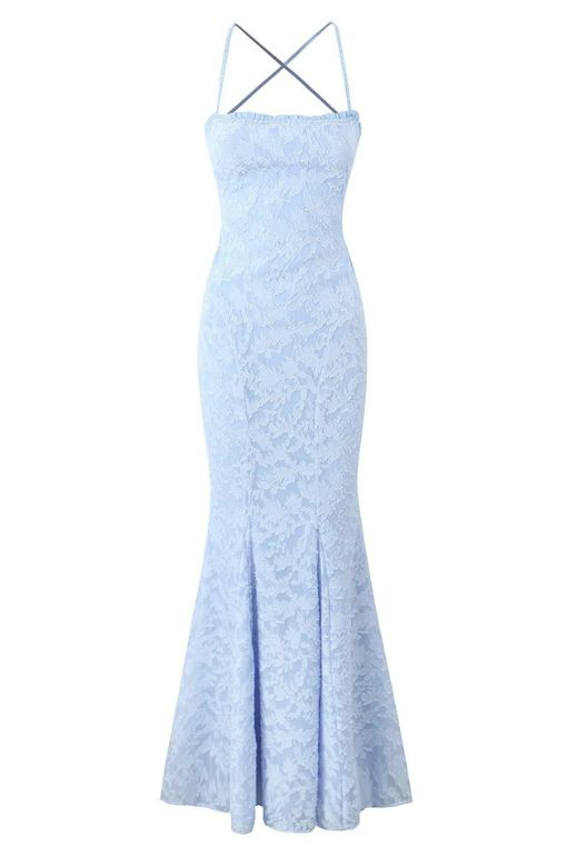Woman wearing a figure flattering Kora Bodycon Maxi Dress - Baby Blue BODYCON COLLECTION