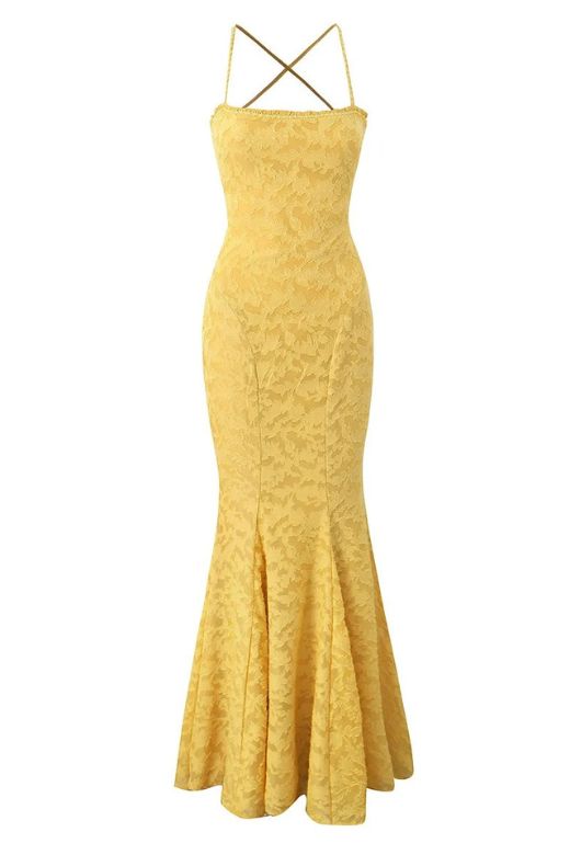 Woman wearing a figure flattering Kora Bodycon Maxi Dress - Lemon Yellow BODYCON COLLECTION