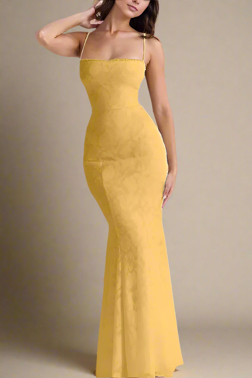 Woman wearing a figure flattering Kora Bodycon Maxi Dress - Lemon Yellow BODYCON COLLECTION