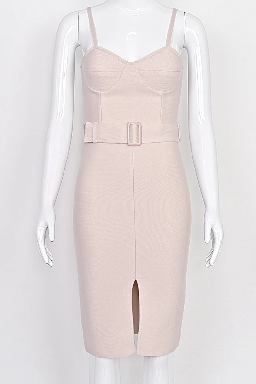 Woman wearing a figure flattering Lana Bandage Dress - Cream BODYCON COLLECTION Pty Ltd