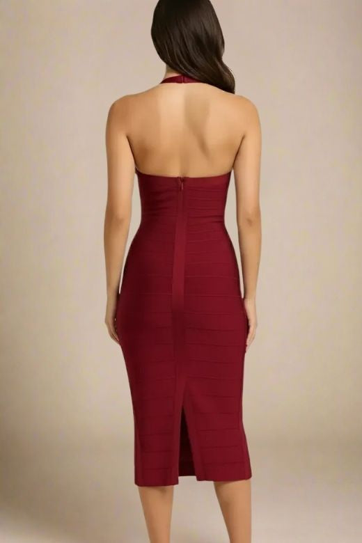 Woman wearing a figure flattering Lara Bandage Midi Dress - Red Wine BODYCON COLLECTION Pty Ltd