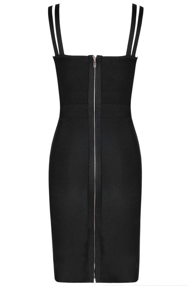 Woman wearing a figure flattering Kate Bandage Dress - Classic Black Bodycon Collection