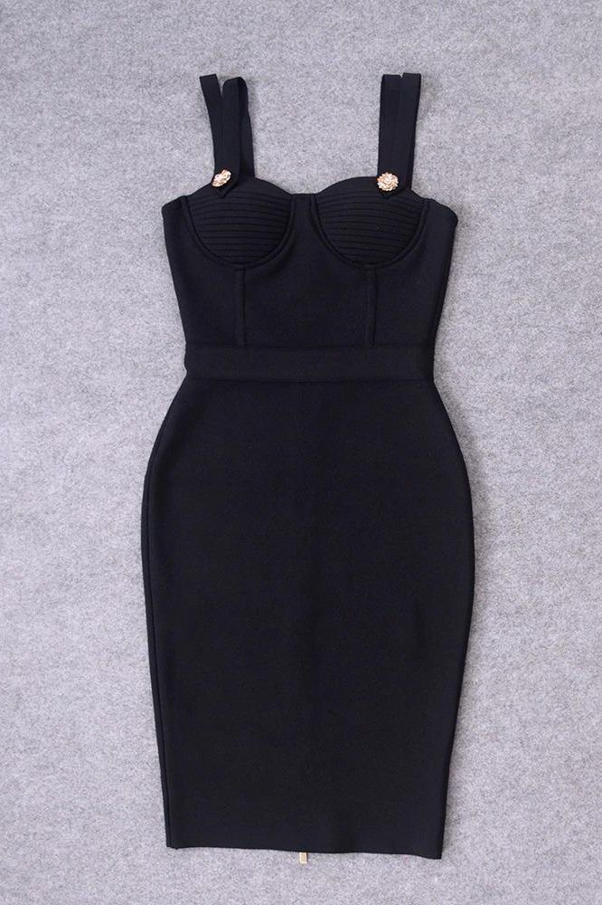 Woman wearing a figure flattering Kate Bandage Dress - Classic Black Bodycon Collection