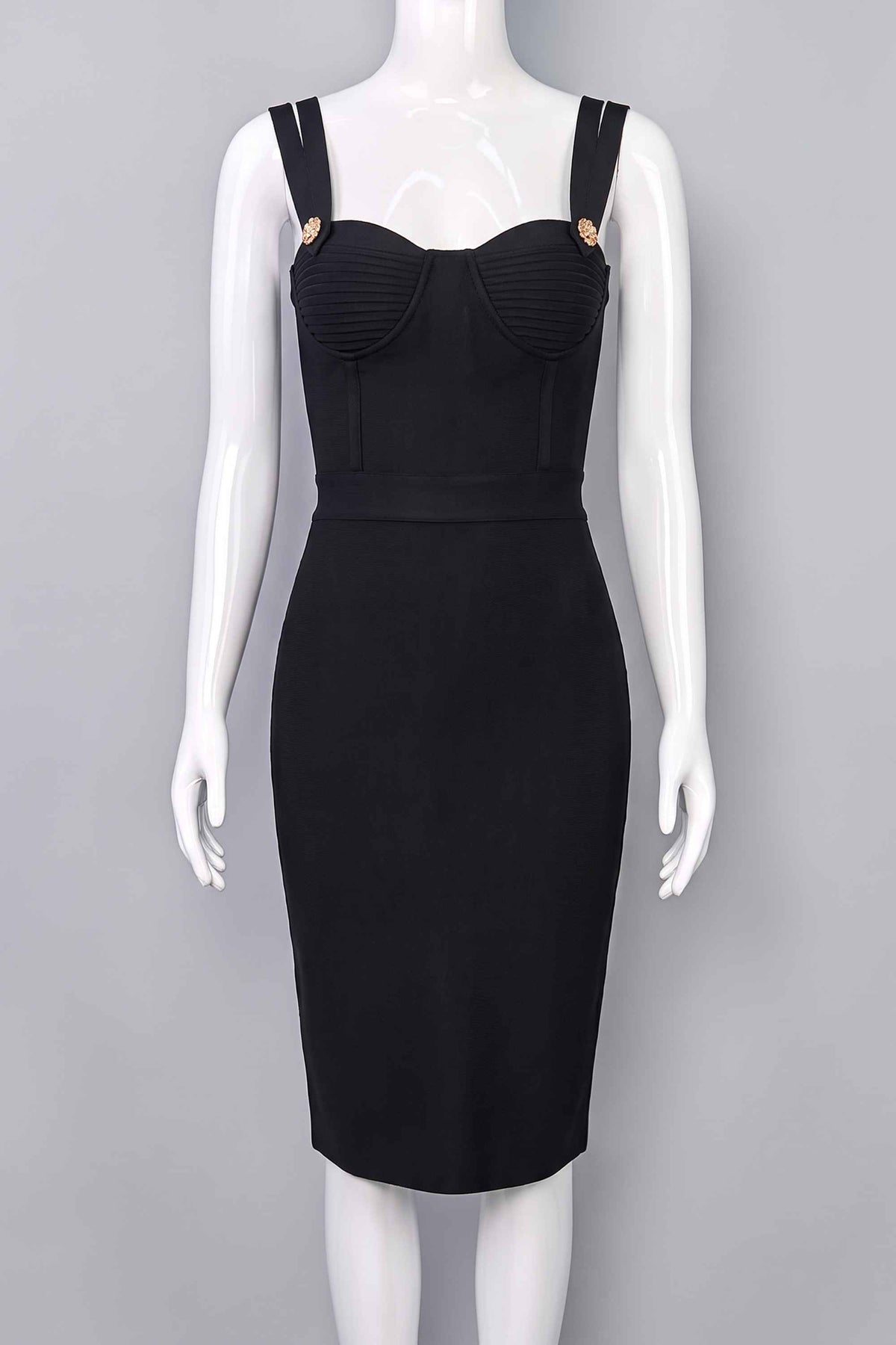 Woman wearing a figure flattering Kate Bandage Dress - Classic Black Bodycon Collection