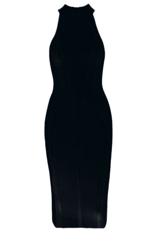 Woman wearing a figure flattering Lea Bandage Midi Dress - Classic Black Bodycon Collection