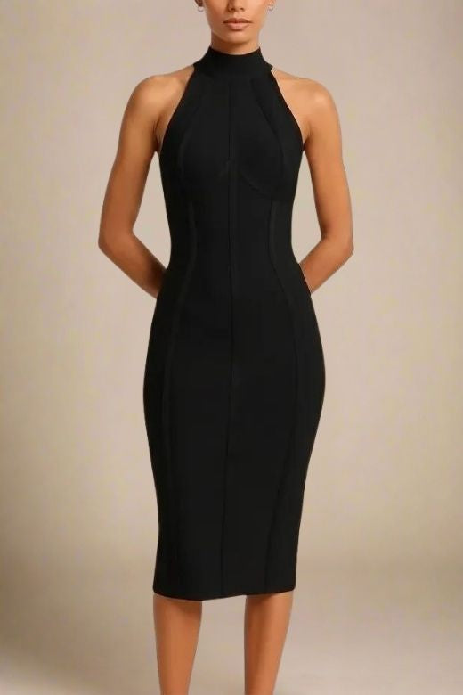 Woman wearing a figure flattering Lea Bandage Midi Dress - Classic Black Bodycon Collection