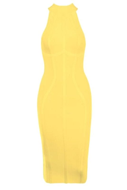 Woman wearing a figure flattering Lea Bandage Midi Dress - Mustard Yellow Bodycon Collection