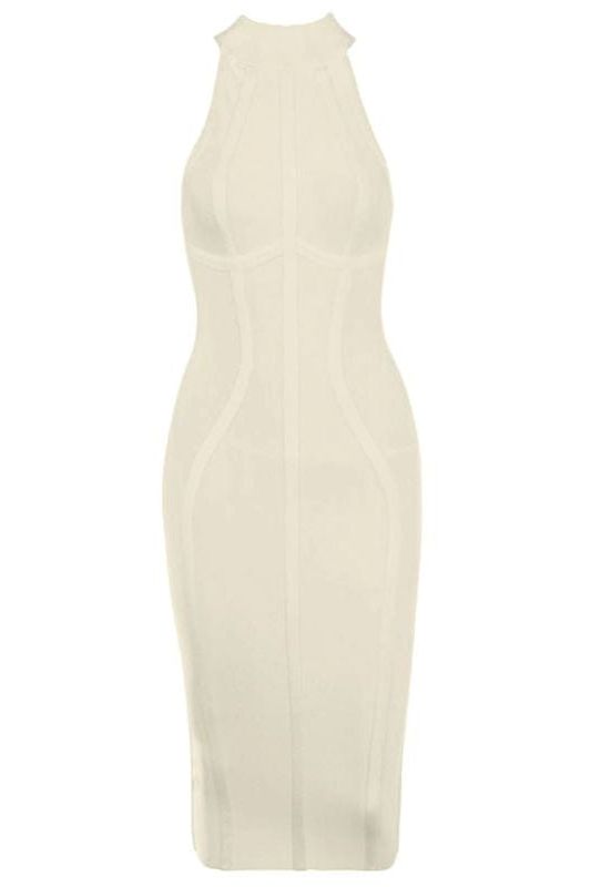 Woman wearing a figure flattering Lea Bandage Midi Dress - Nude Bodycon Collection