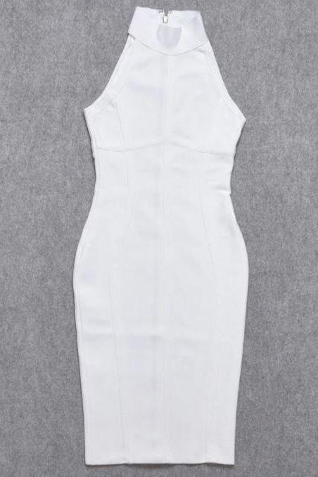Woman wearing a figure flattering Lea Bandage Midi Dress - Pearl White Bodycon Collection