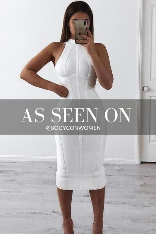 Woman wearing a figure flattering Lea Bandage Midi Dress - Pearl White Bodycon Collection