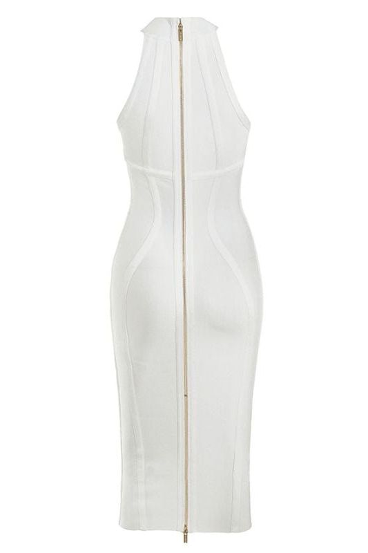 Woman wearing a figure flattering Lea Bandage Midi Dress - Pearl White Bodycon Collection