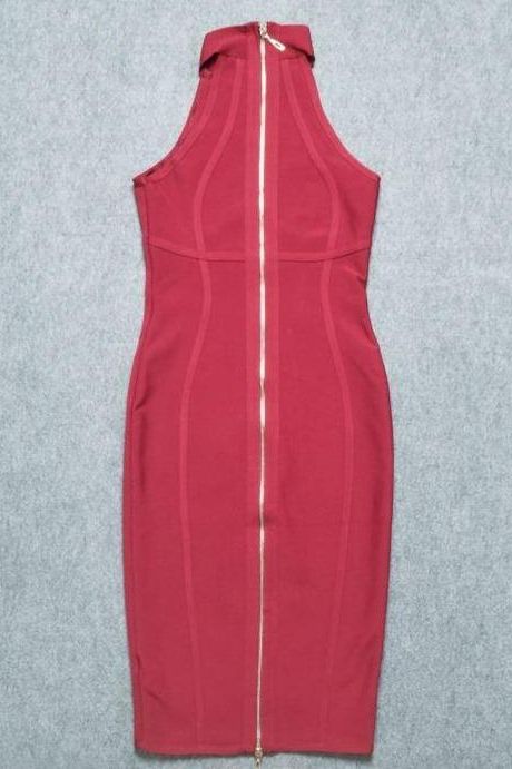 Woman wearing a figure flattering Lea Bandage Midi Dress - Red Wine Bodycon Collection