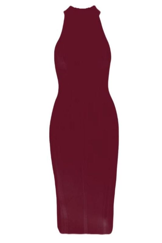 Woman wearing a figure flattering Lea Bandage Midi Dress - Red Wine Bodycon Collection