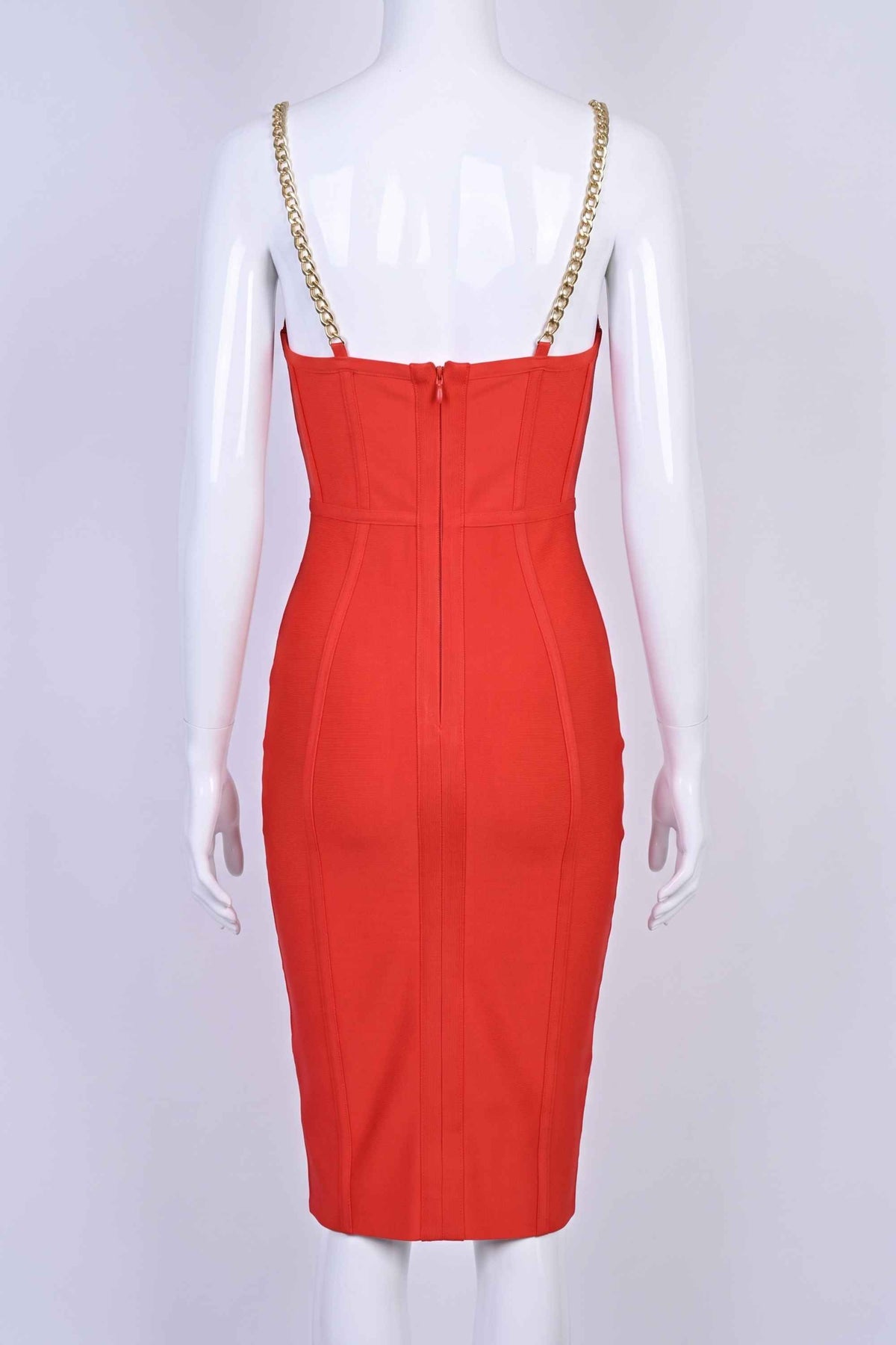 Woman wearing a figure flattering Leah Bodycon Dress - Lipstick Red Bodycon Collection