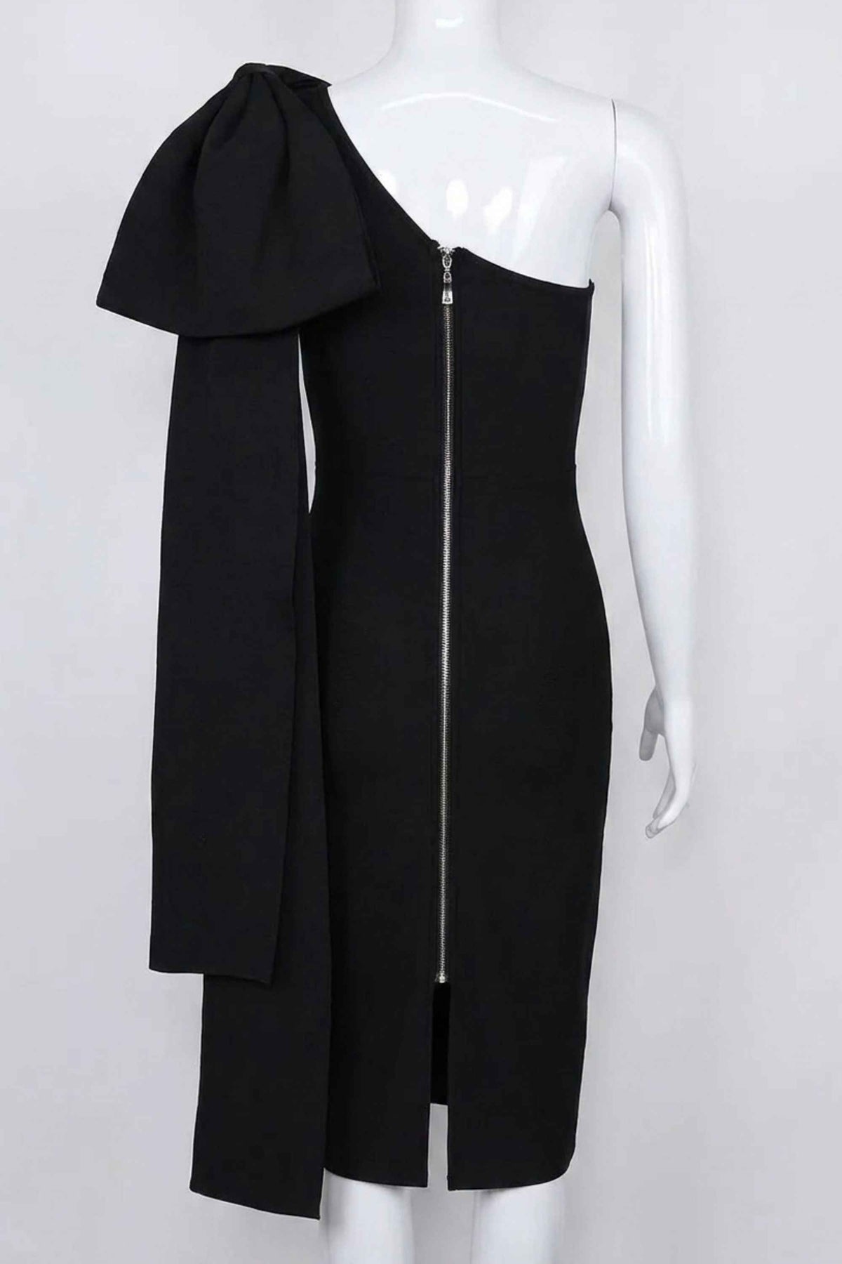Woman wearing a figure flattering Lela Long Sleeve Bandage Midi Dress - Classic Black BODYCON COLLECTION