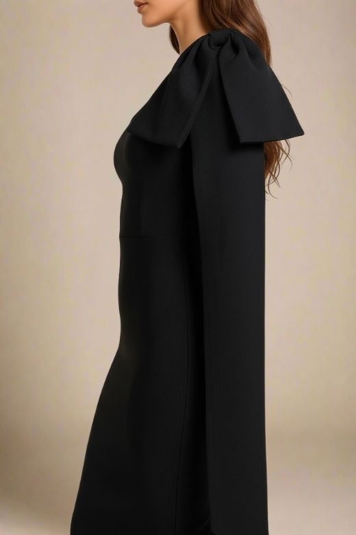 Woman wearing a figure flattering Lela Long Sleeve Bandage Midi Dress - Classic Black BODYCON COLLECTION