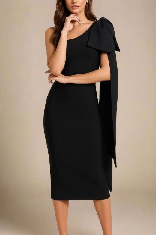 Woman wearing a figure flattering Lela Long Sleeve Bandage Midi Dress - Classic Black BODYCON COLLECTION