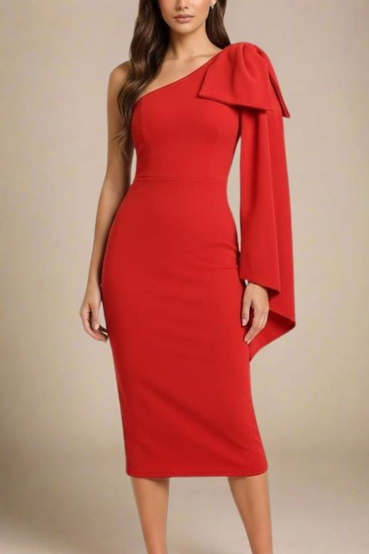 Woman wearing a figure flattering Lela Long Sleeve Bandage Midi Dress - Lipstick Red BODYCON COLLECTION