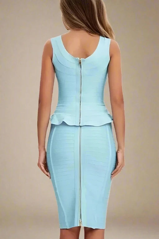 Woman wearing a figure flattering Leni Bandage Top and Pencil Skirt Set - Sky Blue BODYCON COLLECTION