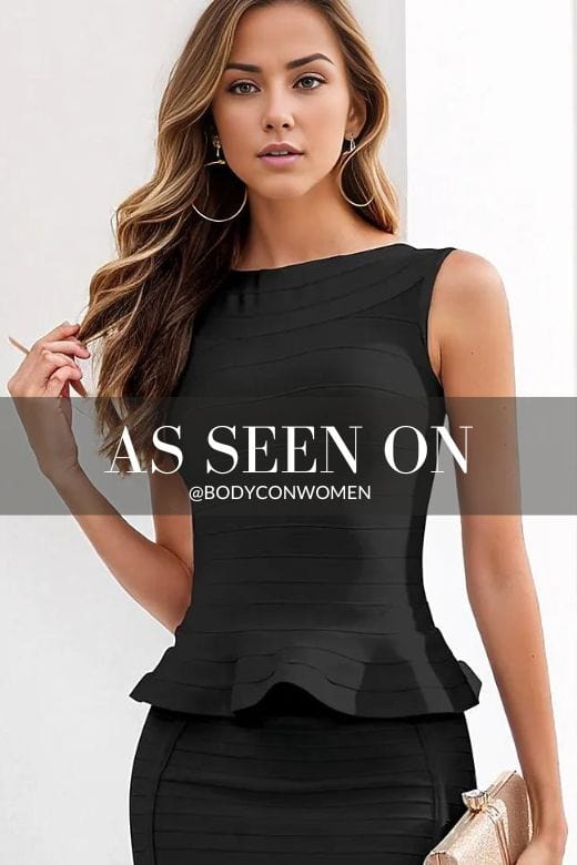 Woman wearing a figure flattering Leni Bandage Top - Classic Black BODYCON COLLECTION