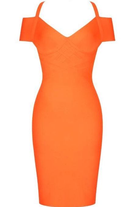 Woman wearing a figure flattering Leo Bandage Midi Dress - Apricot Orange Bodycon Collection