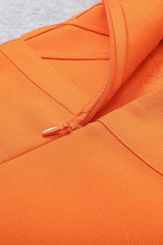 Woman wearing a figure flattering Leo Bandage Midi Dress - Apricot Orange Bodycon Collection