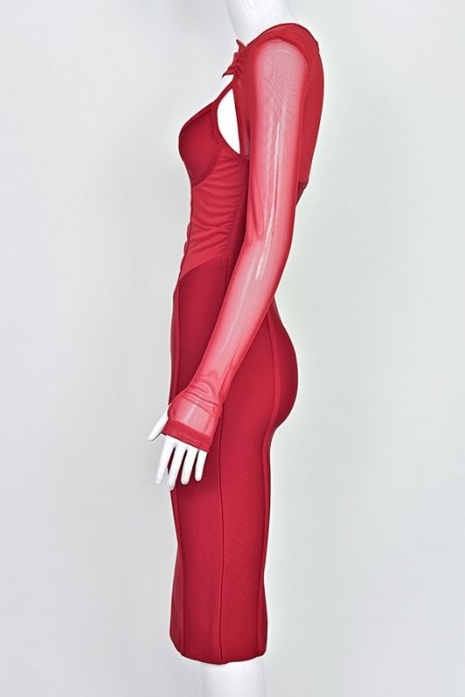 Woman wearing a figure flattering Lexi Long Sleeve Bodycon Midi Dress - Red Wine BODYCON COLLECTION