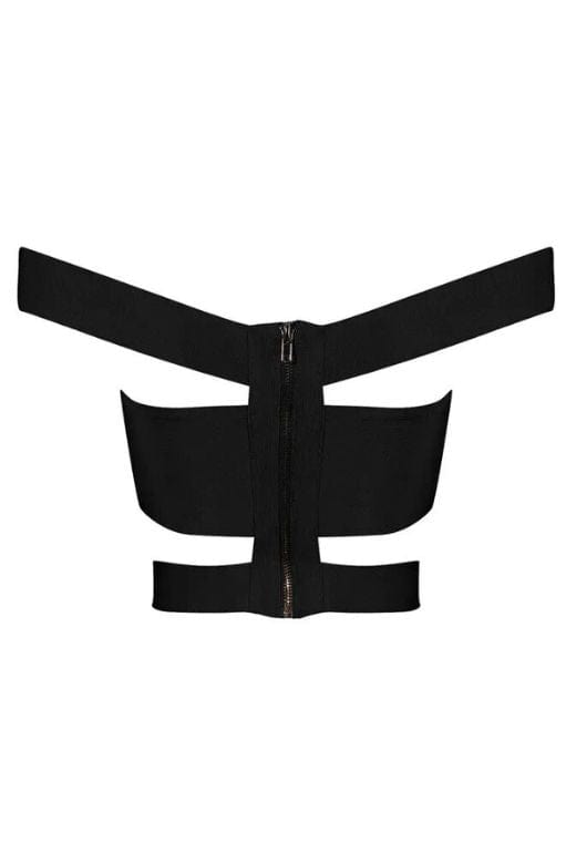 Woman wearing a figure flattering Lexia Bandage Crop Top - Classic Black BODYCON COLLECTION