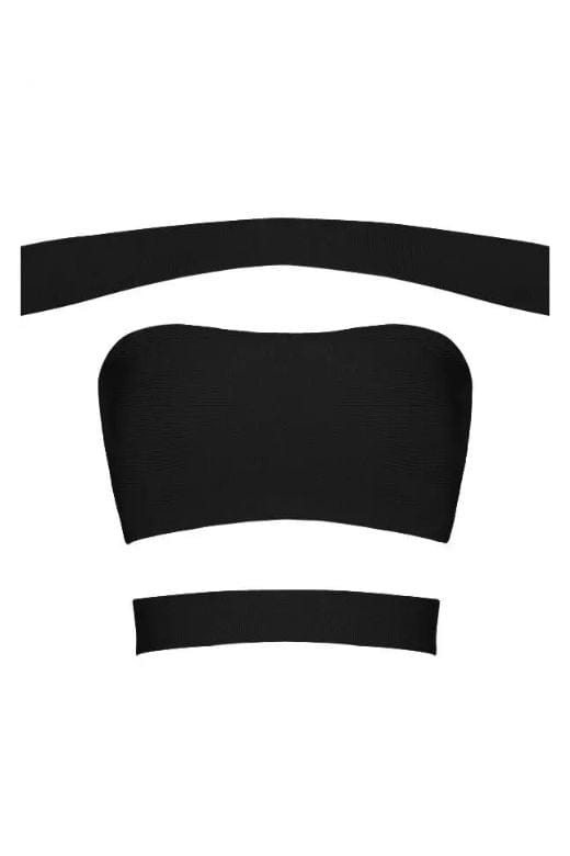 Woman wearing a figure flattering Lexia Bandage Crop Top - Classic Black BODYCON COLLECTION