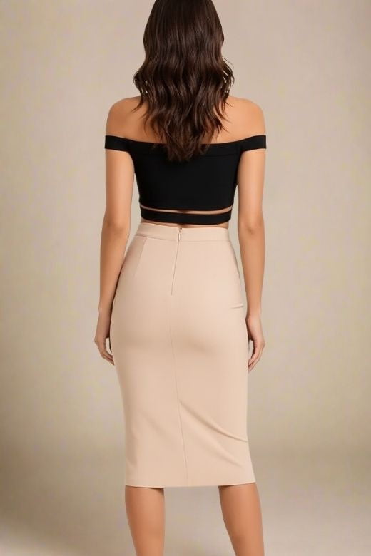 Woman wearing a figure flattering Lexia Bandage Top and Midi Skirt Set - Classic Black BODYCON COLLECTION