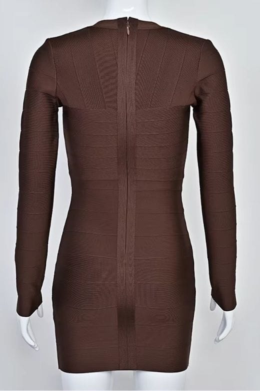 Woman wearing a figure flattering Lisa Long Sleeve Bandage Mini Dress - Chocolate Brown BODYCON COLLECTION Pty Ltd