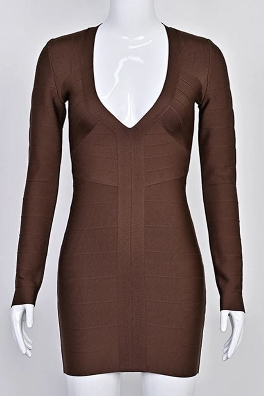 Woman wearing a figure flattering Lisa Long Sleeve Bandage Mini Dress - Chocolate Brown BODYCON COLLECTION Pty Ltd