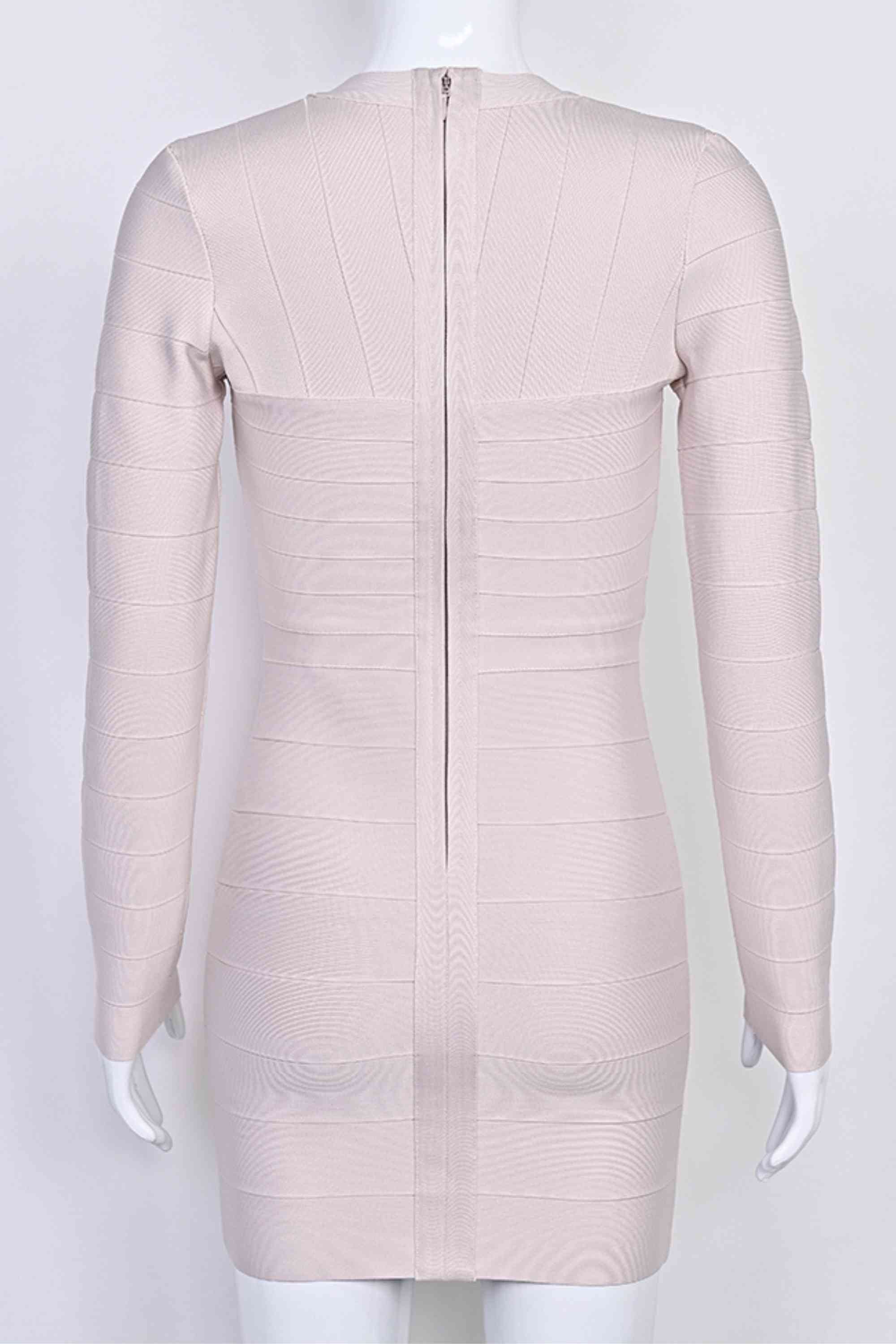 Woman wearing a figure flattering Lisa Long Sleeve Bandage Mini Dress - Cream BODYCON COLLECTION Pty Ltd