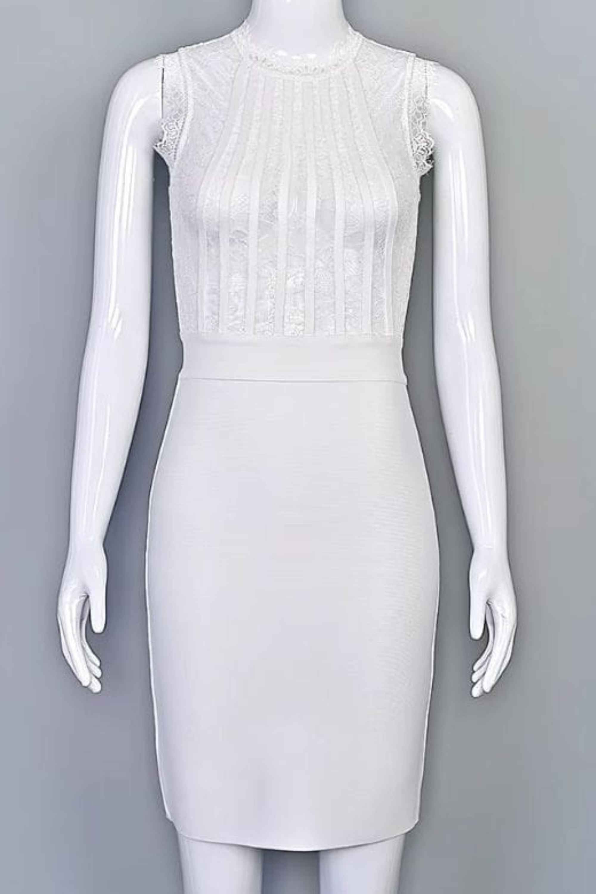 Woman wearing a figure flattering Lori Bodycon Dress - White Pearl BODYCON COLLECTION Pty Ltd