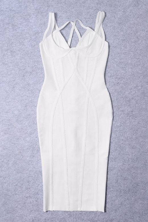 Woman wearing a figure flattering Lucy Bandage Midi Dress - White Pearl BODYCON COLLECTION