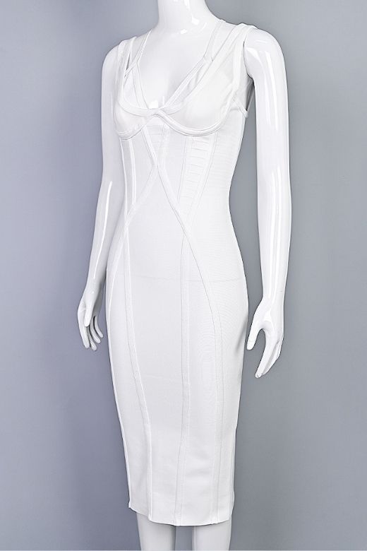 Woman wearing a figure flattering Lucy Bandage Midi Dress - White Pearl BODYCON COLLECTION