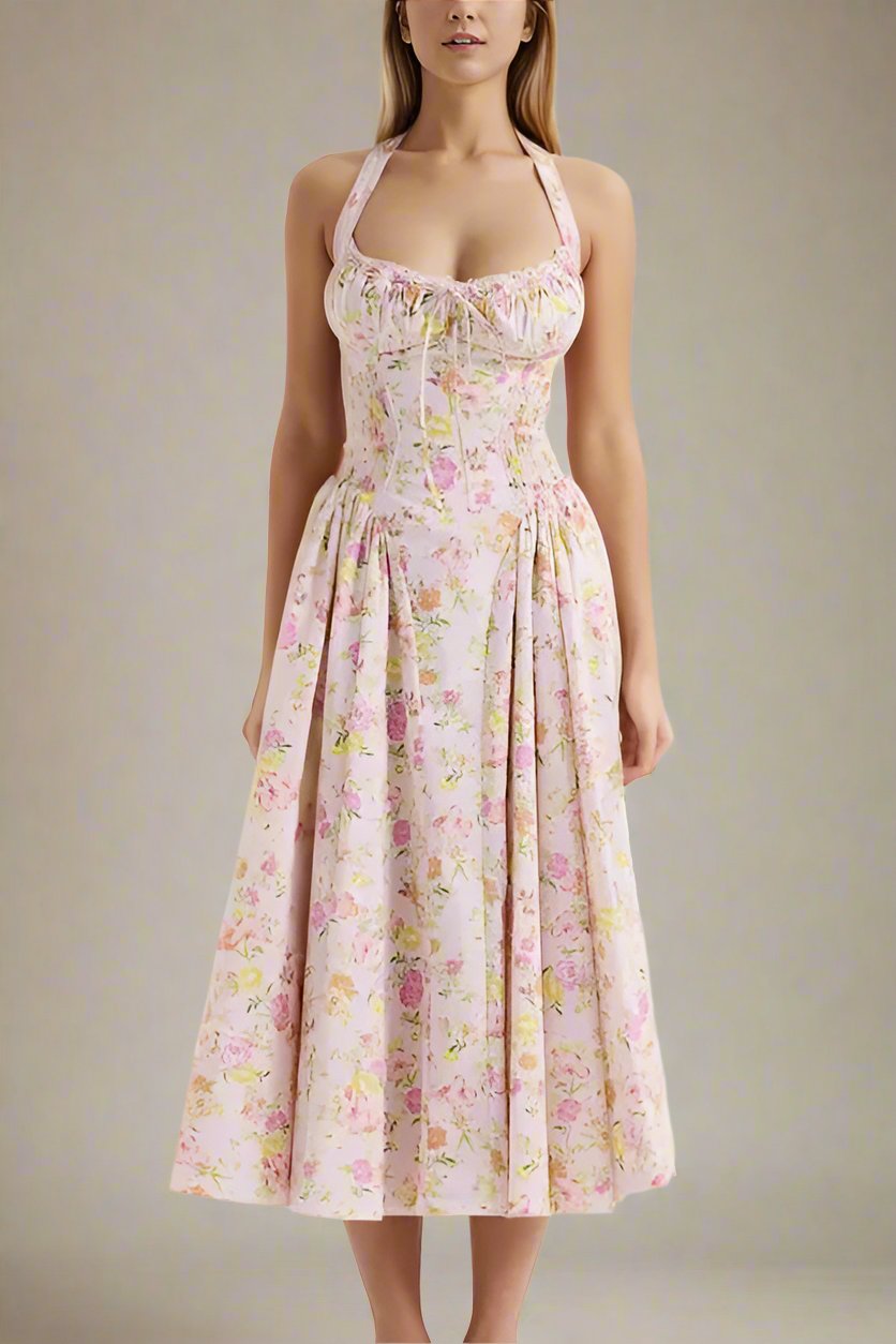 Woman wearing a figure flattering Lynsie Bodycon Midi Dress - Dusty Pink BODYCON COLLECTION