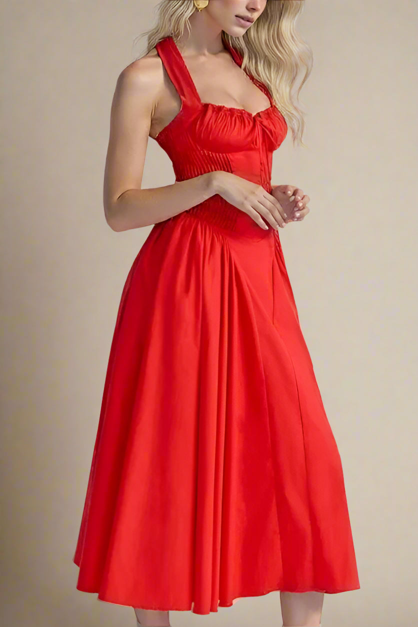 Woman wearing a figure flattering Lynsie Bodycon Midi Dress - Lipstick Red BODYCON COLLECTION