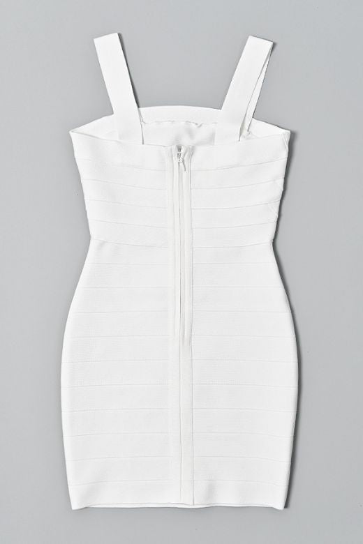 Woman wearing a figure flattering Madelyn Bandage Mini Dress - White Pearl BODYCON COLLECTION Pty Ltd