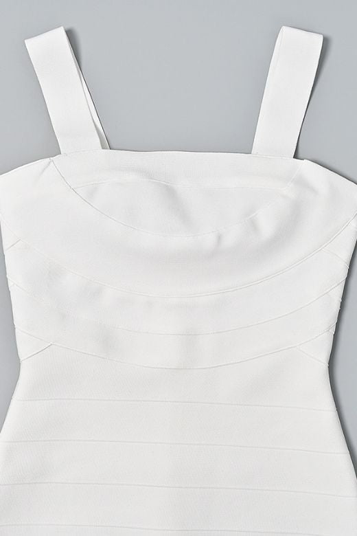 Woman wearing a figure flattering Madelyn Bandage Mini Dress - White Pearl BODYCON COLLECTION Pty Ltd