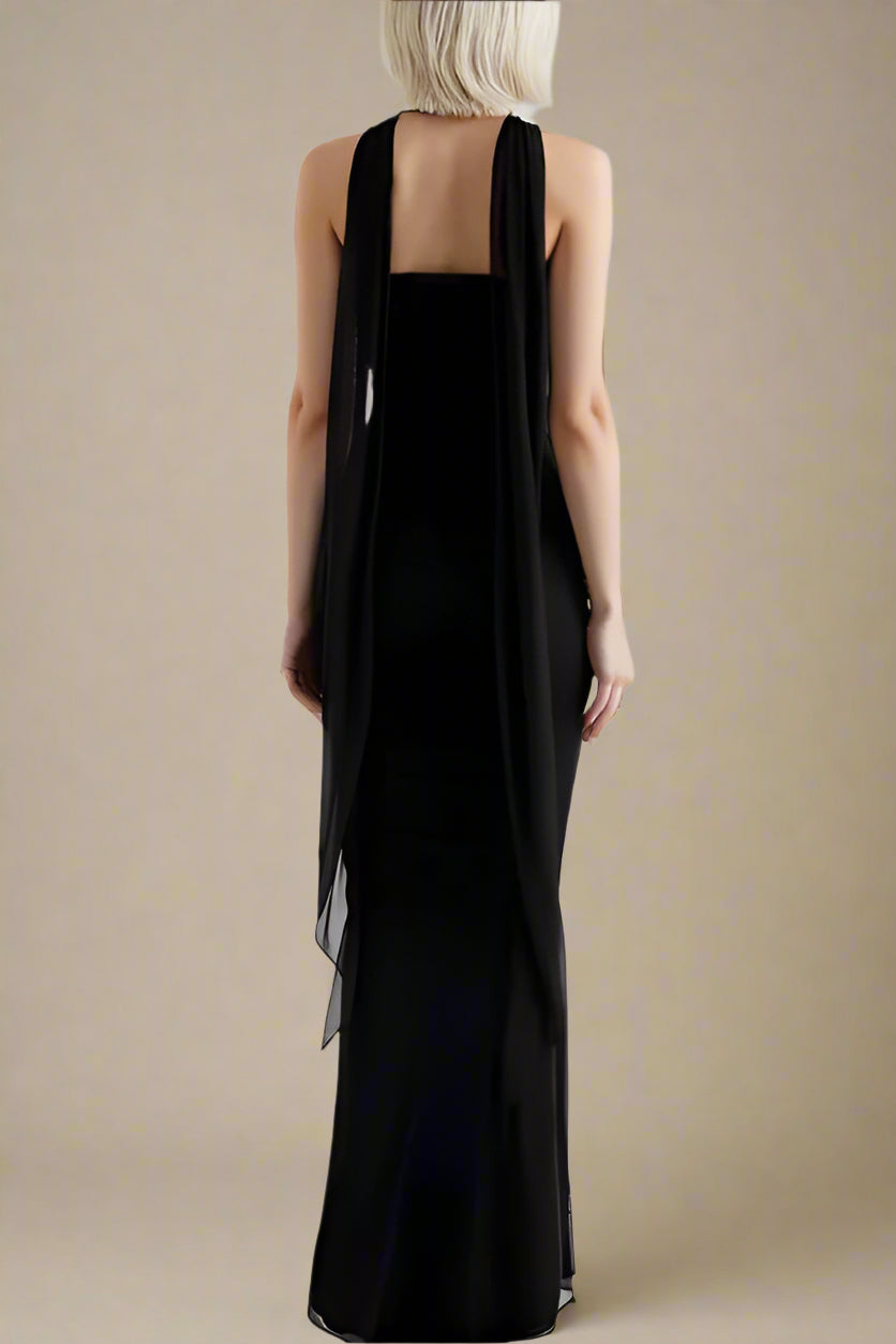 Woman wearing a figure flattering Margot Wrap Top and Maxi Skirt Outfit Set - Classic Black BODYCON COLLECTION