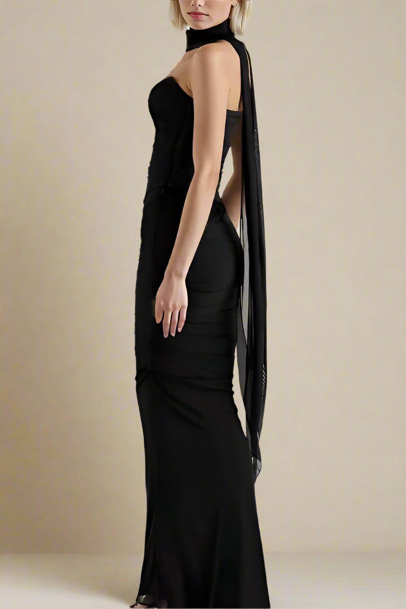 Woman wearing a figure flattering Margot Wrap Top and Maxi Skirt Outfit Set - Classic Black BODYCON COLLECTION