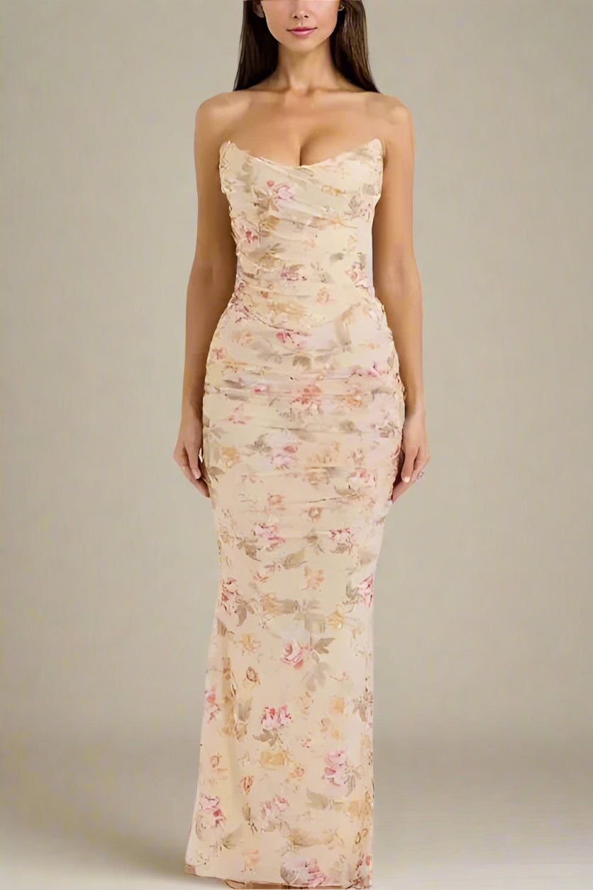 Woman wearing a figure flattering Margot Wrap Top and Maxi Skirt Outfit Set - Cream Yellow BODYCON COLLECTION