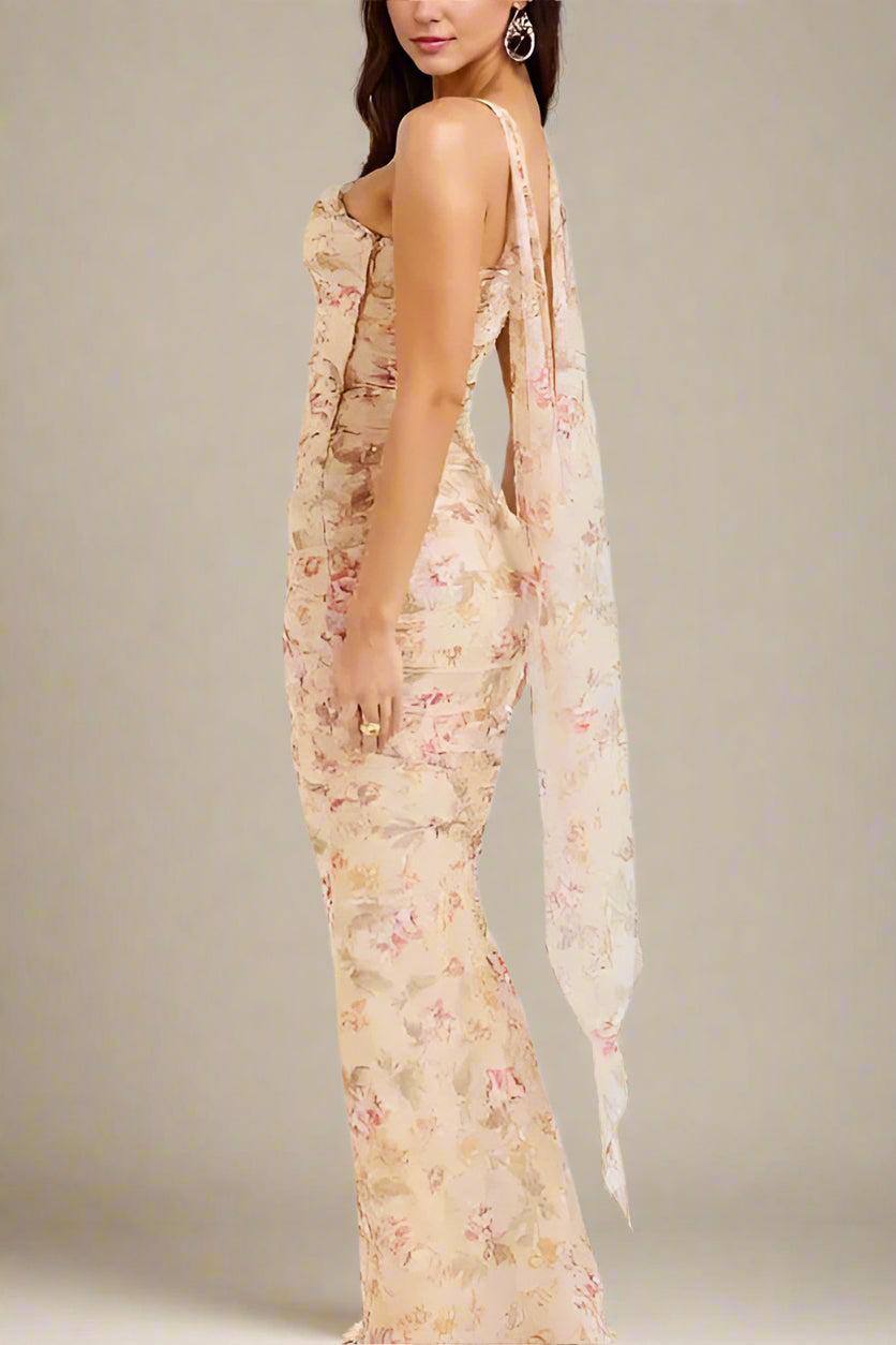 Woman wearing a figure flattering Margot Wrap Top and Maxi Skirt Outfit Set - Cream Yellow BODYCON COLLECTION