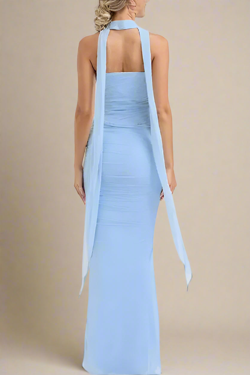 Woman wearing a figure flattering Margot Wrap Top and Maxi Skirt Outfit Set - Sky Blue BODYCON COLLECTION
