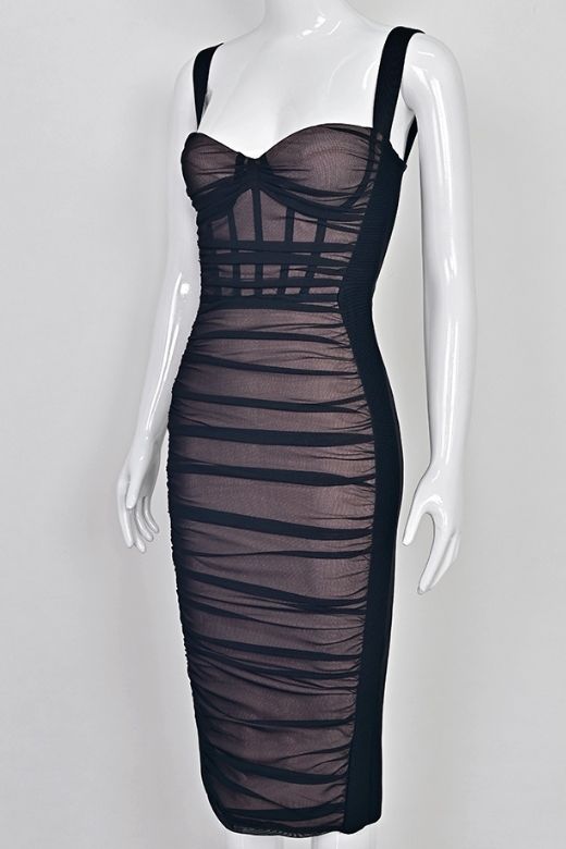 Woman wearing a figure flattering Marilyn Bodycon Wrap Midi Dress - Classic Black BODYCON COLLECTION