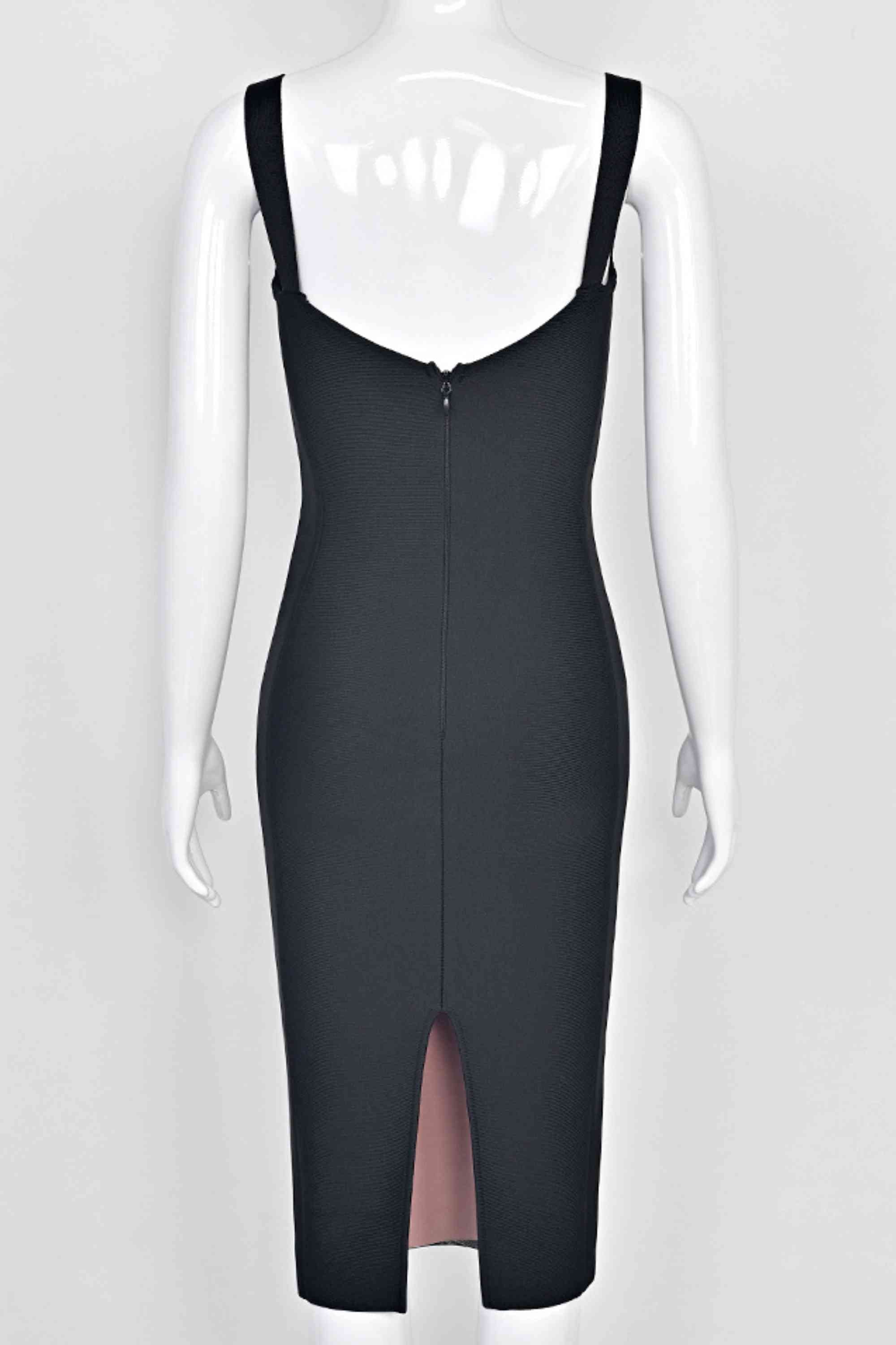 Woman wearing a figure flattering Marilyn Bodycon Wrap Midi Dress - Classic Black BODYCON COLLECTION