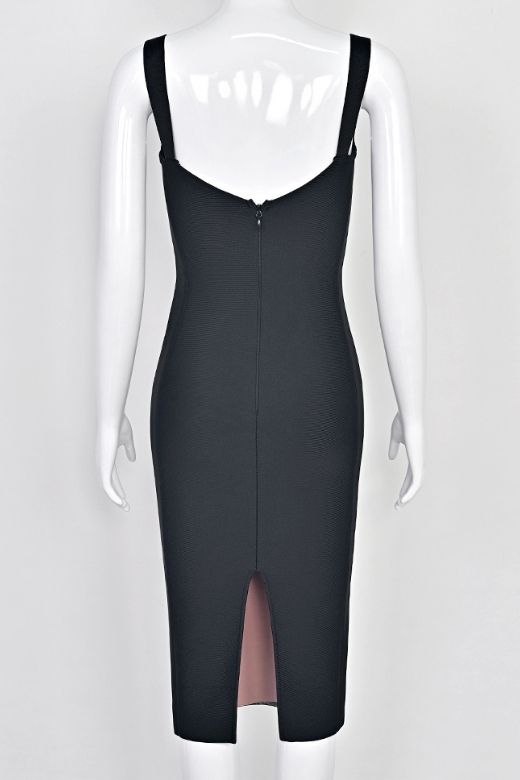 Woman wearing a figure flattering Marilyn Bodycon Wrap Midi Dress - Classic Black BODYCON COLLECTION