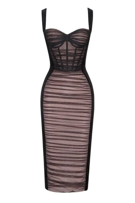 Woman wearing a figure flattering Marilyn Bodycon Wrap Midi Dress - Classic Black BODYCON COLLECTION